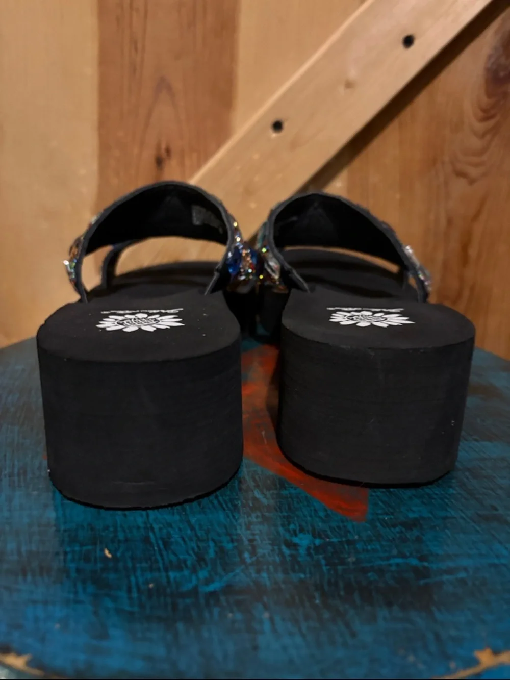 Yellow Box Black Jeweled Double-Strap Slide Sandals - Picture 5 of 8